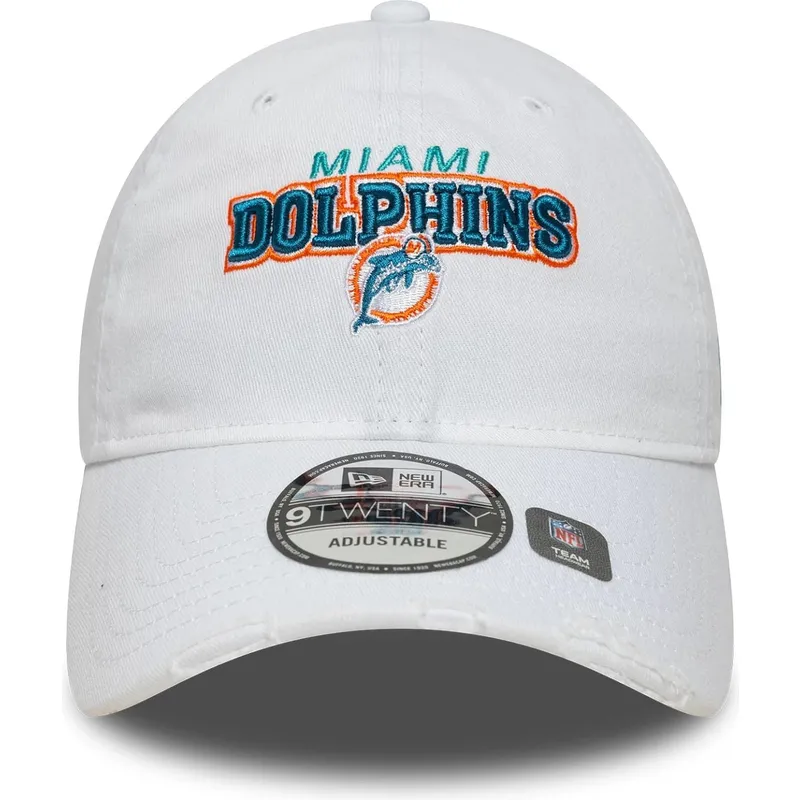 hvid-justerbar-buet-kasket-9twenty-washed-distress-fra-miami-dolphins-nfl-fra-new-era