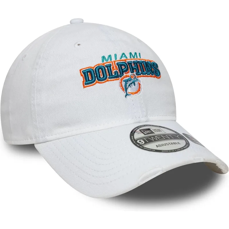 hvid-justerbar-buet-kasket-9twenty-washed-distress-fra-miami-dolphins-nfl-fra-new-era