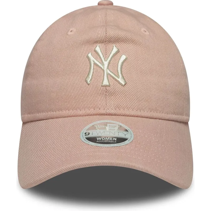 justerbar-lyserod-buet-kasket-til-kvinder-9twenty-dye-denim-fra-new-york-yankees-mlb-fra-new-era