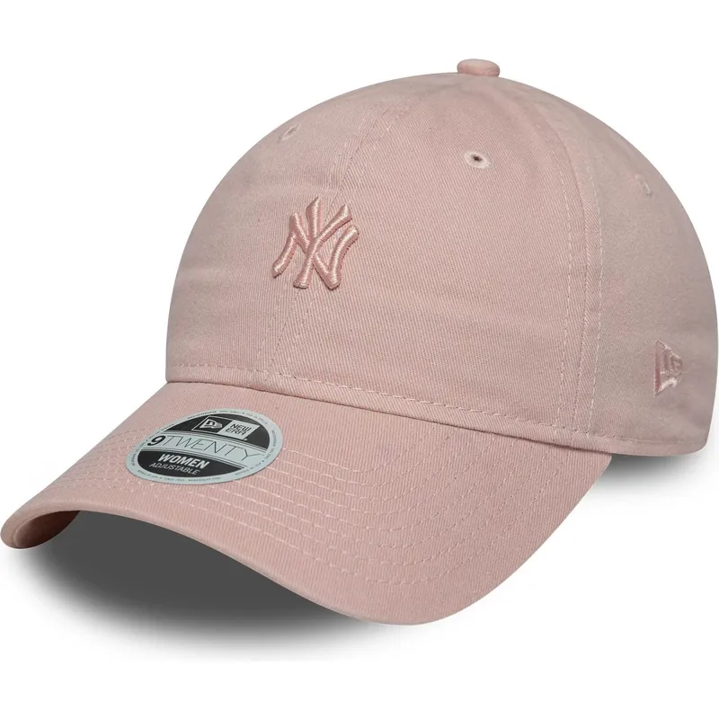 lyserod-justerbar-buet-kasket-til-kvinder-med-lyserodt-logo-9twenty-mini-washed-fra-new-york-yankees-mlb-fra-new-era