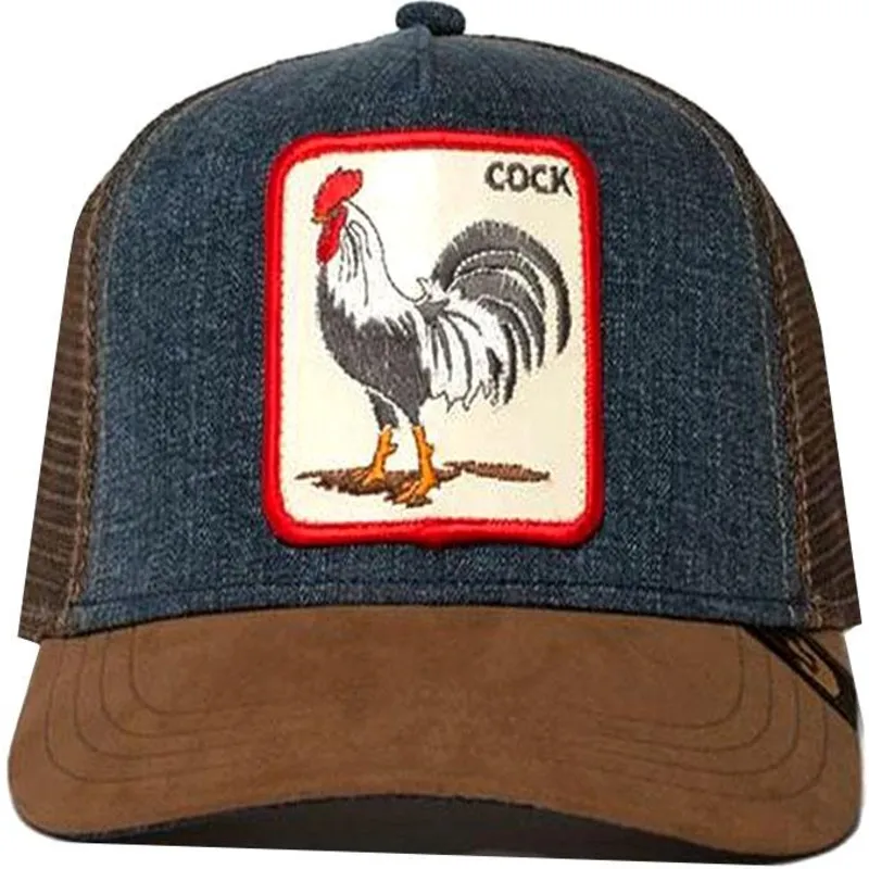 trucker-kasket-brun-og-denim-hane-big-strut-fra-goorin-bros