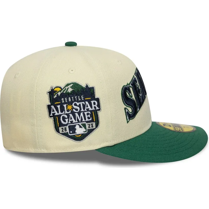 buet-beige-og-gron-fitted-kasket-59fifty-all-star-game-pin-fra-seattle-mariners-mlb-fra-new-era