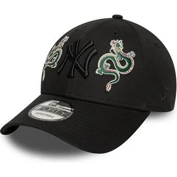 Sort justerbar curved kasket med sort logo 9FORTY Icon Dragon fra New York Yankees MLB fra New Era