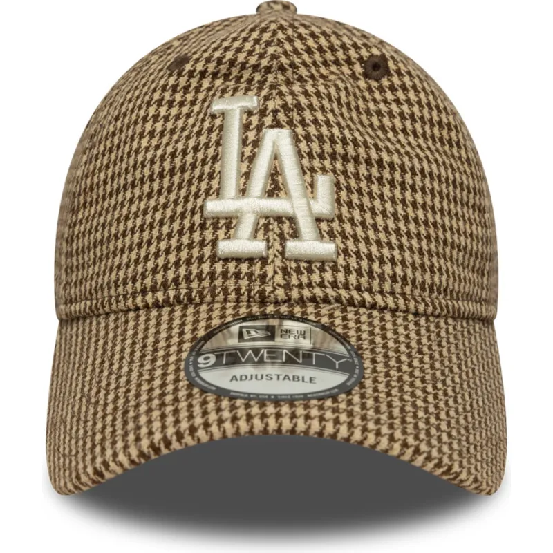 justerbar-brun-buet-kasket-9twenty-houndstooth-fra-los-angeles-dodgers-mlb-fra-new-era