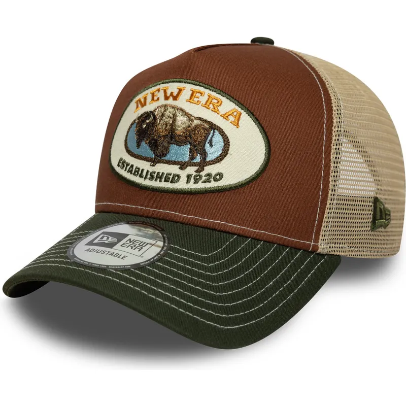 brun-og-gron-trucker-kasket-a-frame-animal-patch-med-boffel-fra-new-era
