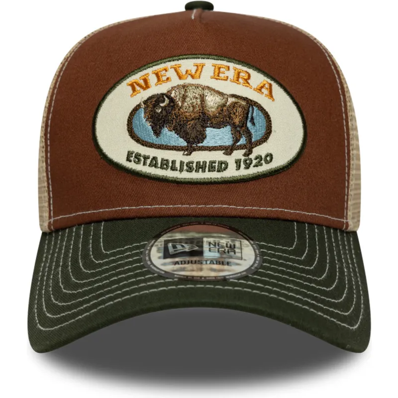 brun-og-gron-trucker-kasket-a-frame-animal-patch-med-boffel-fra-new-era