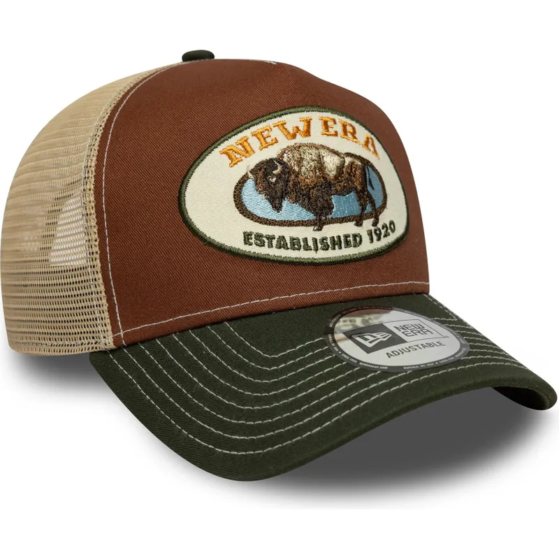 brun-og-gron-trucker-kasket-a-frame-animal-patch-med-boffel-fra-new-era