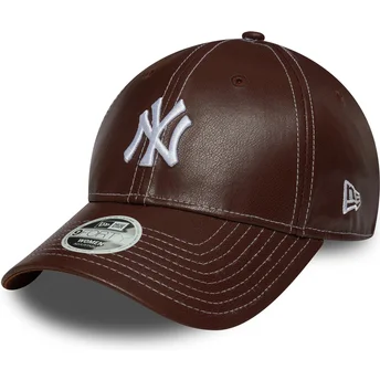 New Era New York Yankees MLB 9FORTY Topstitch PU justerbar brun buet kasket til kvinder