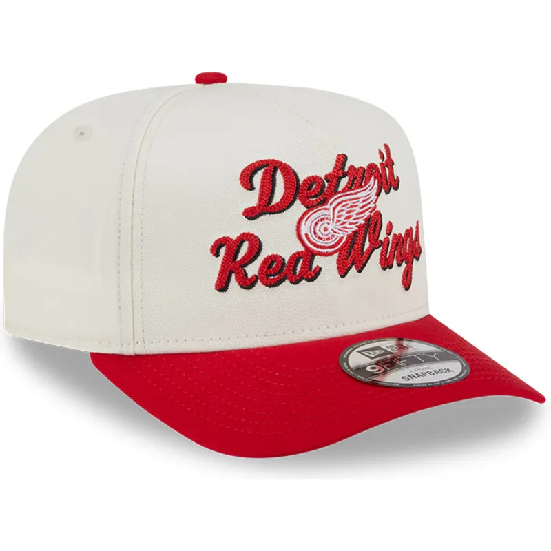 beige-og-rod-buet-kasket-snapback-9fifty-a-frame-chainstitch-fra-detroit-red-wings-nhl-fra-new-era