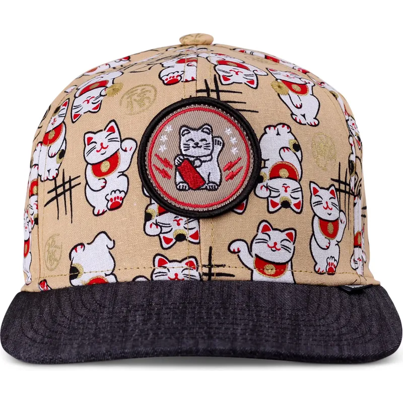 flad-beige-og-sort-snapback-kasket-til-dreng-lucky-cat-linen-fra-djinns
