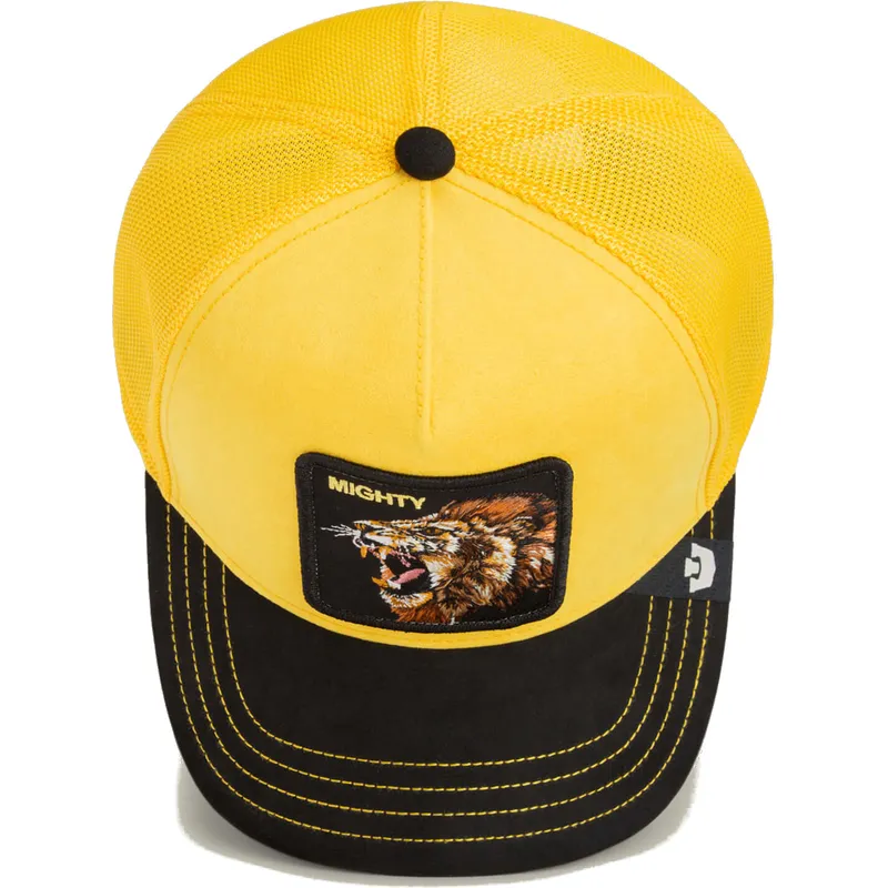 trucker-kasket-gul-og-sort-love-mighty-lion-suede-the-farm-fra-goorin-bros