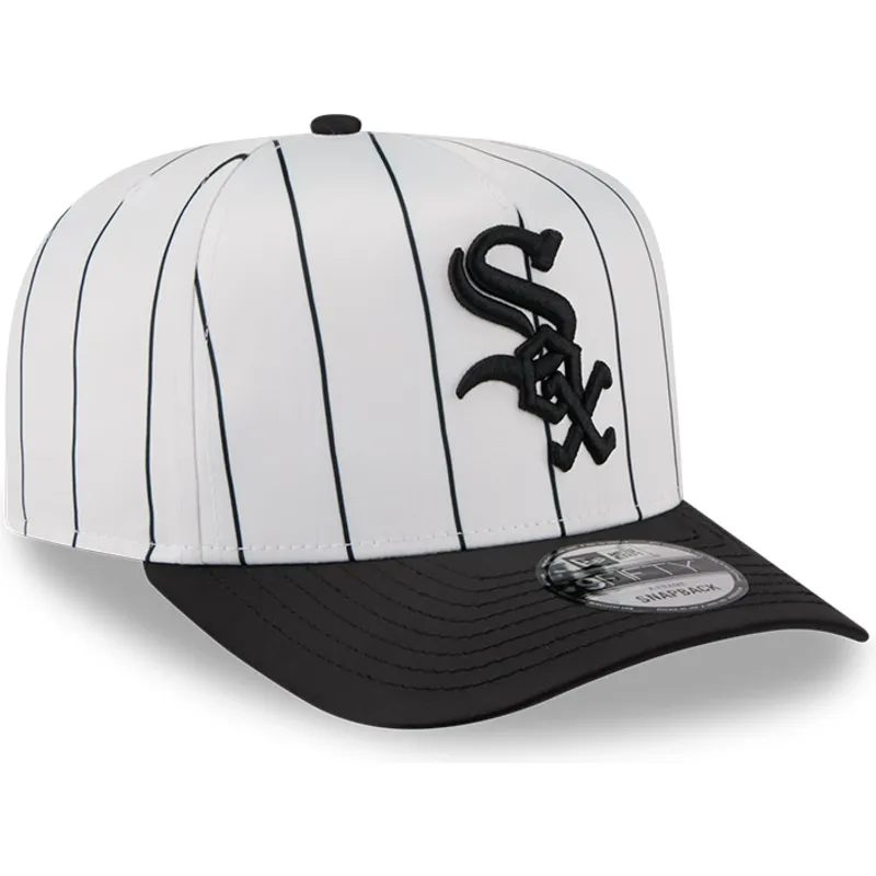 hvid-og-sort-buet-kasket-snapback-9fifty-a-frame-satin-pinstripe-fra-chicago-white-sox-mlb-fra-new-era