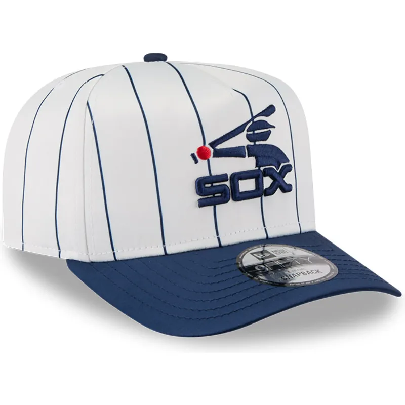 hvid-og-marinebla-buet-kasket-snapback-9fifty-a-frame-satin-pinstripe-fra-chicago-white-sox-mlb-fra-new-era