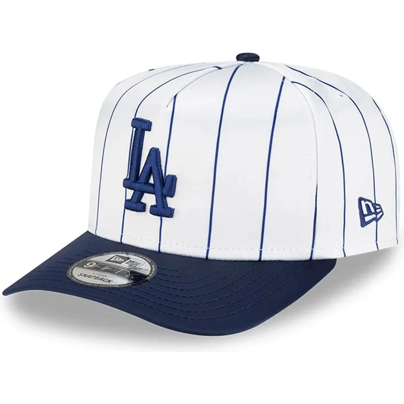 hvid-og-bla-buet-kasket-snapback-9fifty-a-frame-satin-pinstripe-fra-los-angeles-dodgers-mlb-fra-new-era