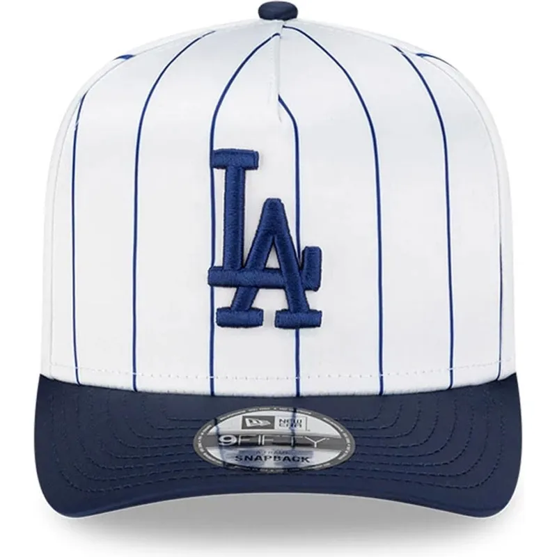 hvid-og-bla-buet-kasket-snapback-9fifty-a-frame-satin-pinstripe-fra-los-angeles-dodgers-mlb-fra-new-era