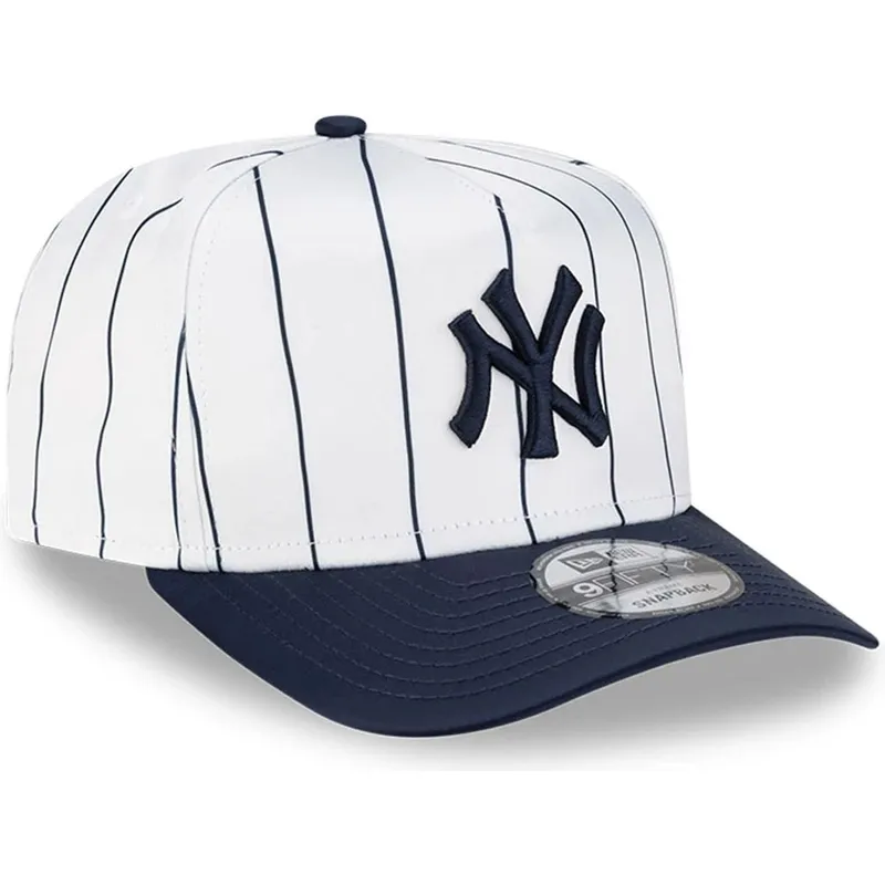 hvid-og-marinebla-buet-kasket-snapback-9fifty-a-frame-satin-pinstripe-fra-new-york-yankees-mlb-fra-new-era