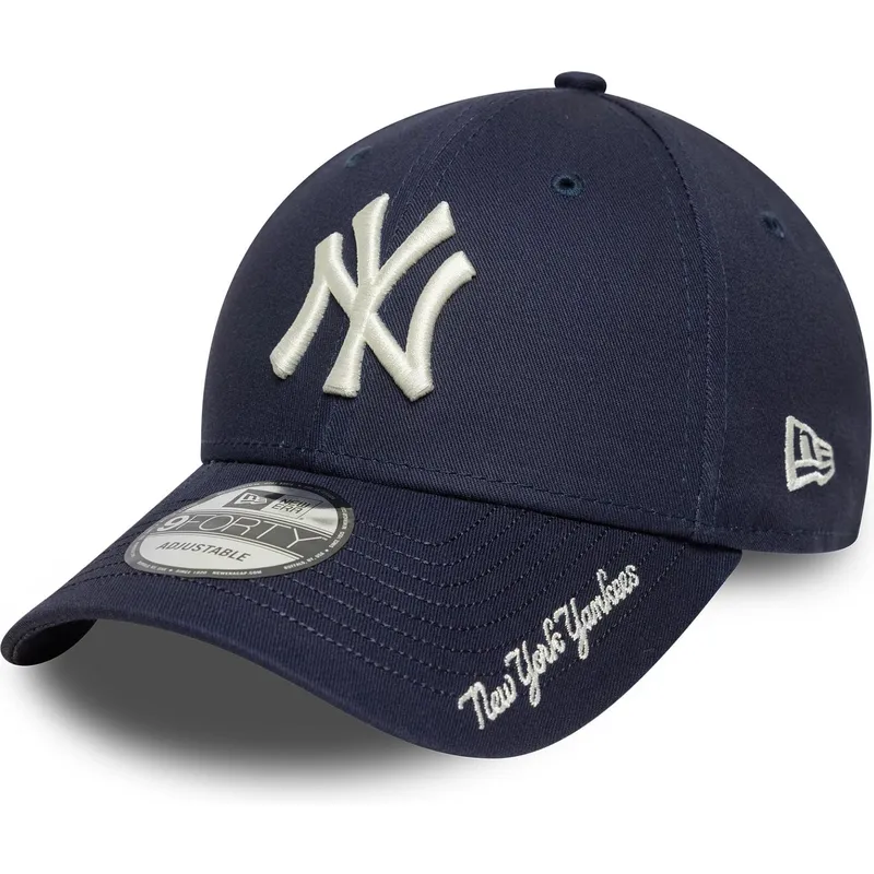 justerbar-marinebla-kurvet-kasket-9forty-visor-script-fra-new-york-yankees-mlb-fra-new-era