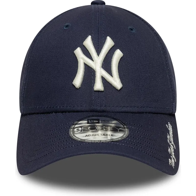 justerbar-marinebla-kurvet-kasket-9forty-visor-script-fra-new-york-yankees-mlb-fra-new-era
