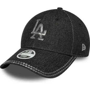 Los Angeles Dodgers MLB New Era 9FORTY Sequin Denim justerbar sort buet kasket til kvinder