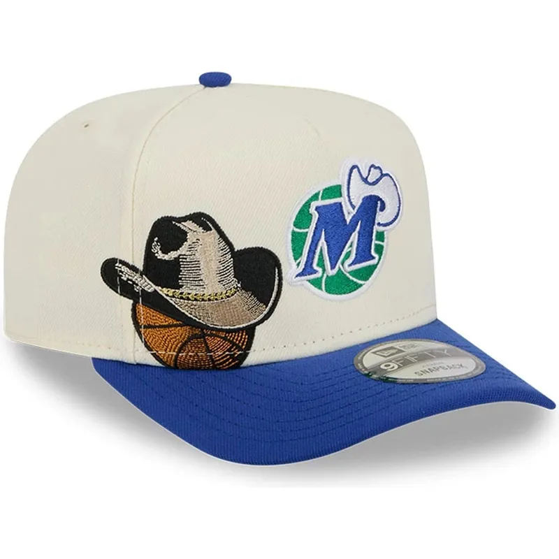 buet-beige-og-bla-snapback-kasket-9fifty-a-frame-precurved-hardwood-classics-fra-dallas-mavericks-nba-fra-new-era
