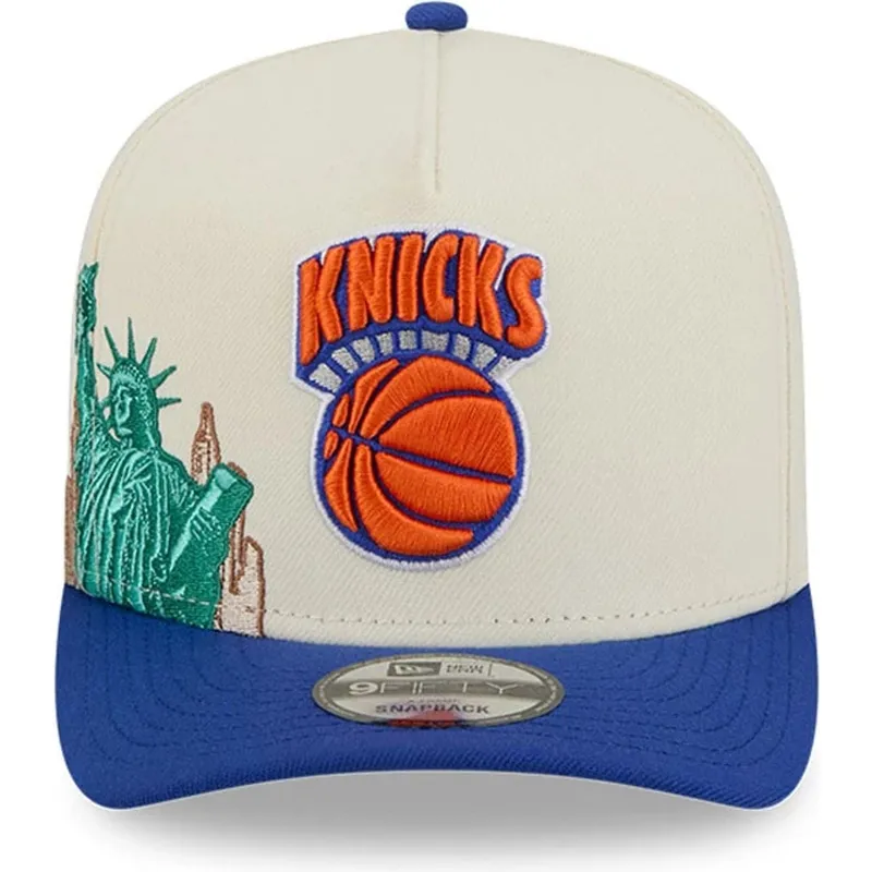buet-beige-og-bla-snapback-kasket-9fifty-a-frame-precurved-hardwood-classics-fra-new-york-knicks-nba-fra-new-era