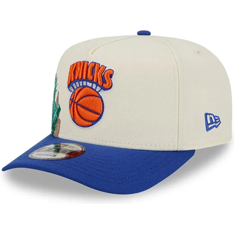 buet-beige-og-bla-snapback-kasket-9fifty-a-frame-precurved-hardwood-classics-fra-new-york-knicks-nba-fra-new-era