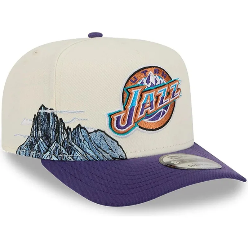 beige-og-violet-buet-kasket-snapback-9fifty-a-frame-precurved-hardwood-classics-fra-utah-jazz-nba-fra-new-era