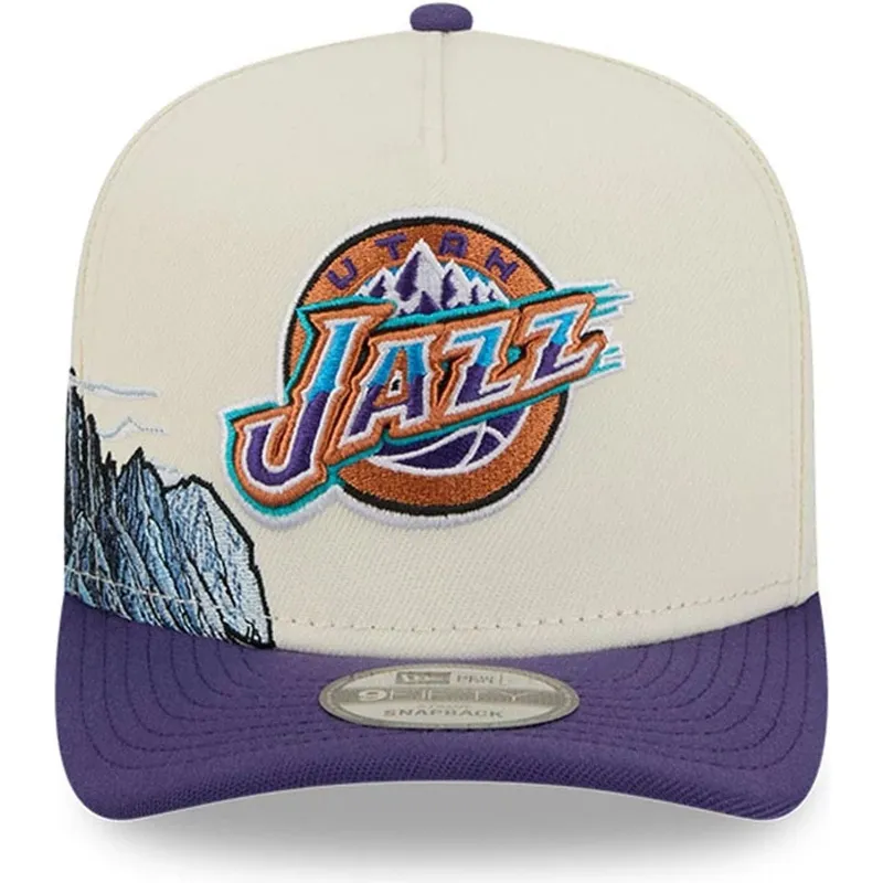 beige-og-violet-buet-kasket-snapback-9fifty-a-frame-precurved-hardwood-classics-fra-utah-jazz-nba-fra-new-era
