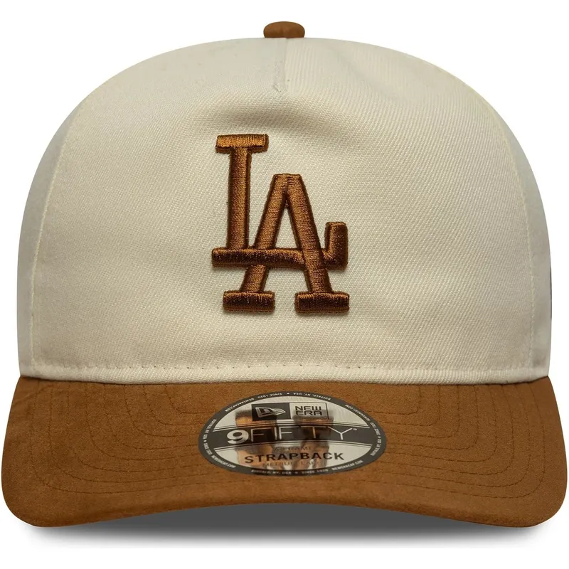 buet-beige-og-brun-justerbar-kasket-9fifty-a-frame-suede-visor-fra-los-angeles-dodgers-mlb-fra-new-era