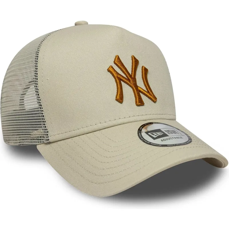 beige-trucker-kasket-med-brunt-logo-a-frame-league-essential-fra-new-york-yankees-mlb-fra-new-era
