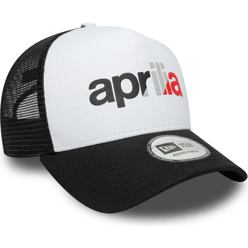 hvid-og-sort-trucker-kasket-a-frame-wordmark-fra-aprilia-piaggio-fra-new-era
