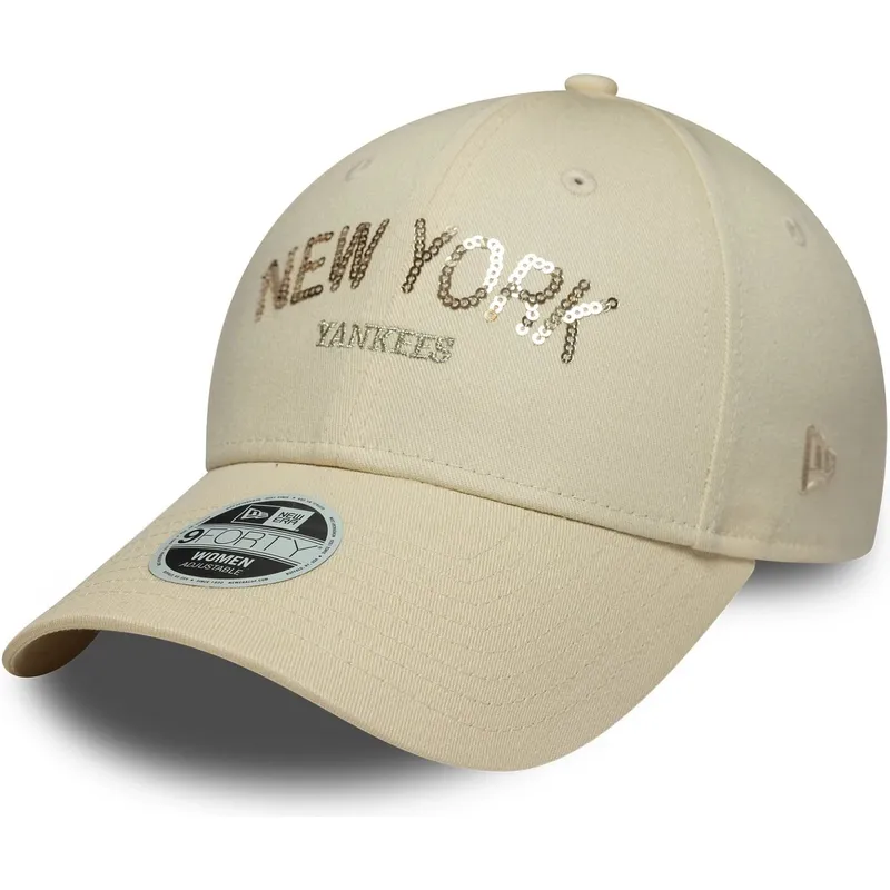 buet-beige-justerbar-kasket-til-kvinder-9forty-sequin-wordmark-fra-new-york-yankees-mlb-fra-new-era