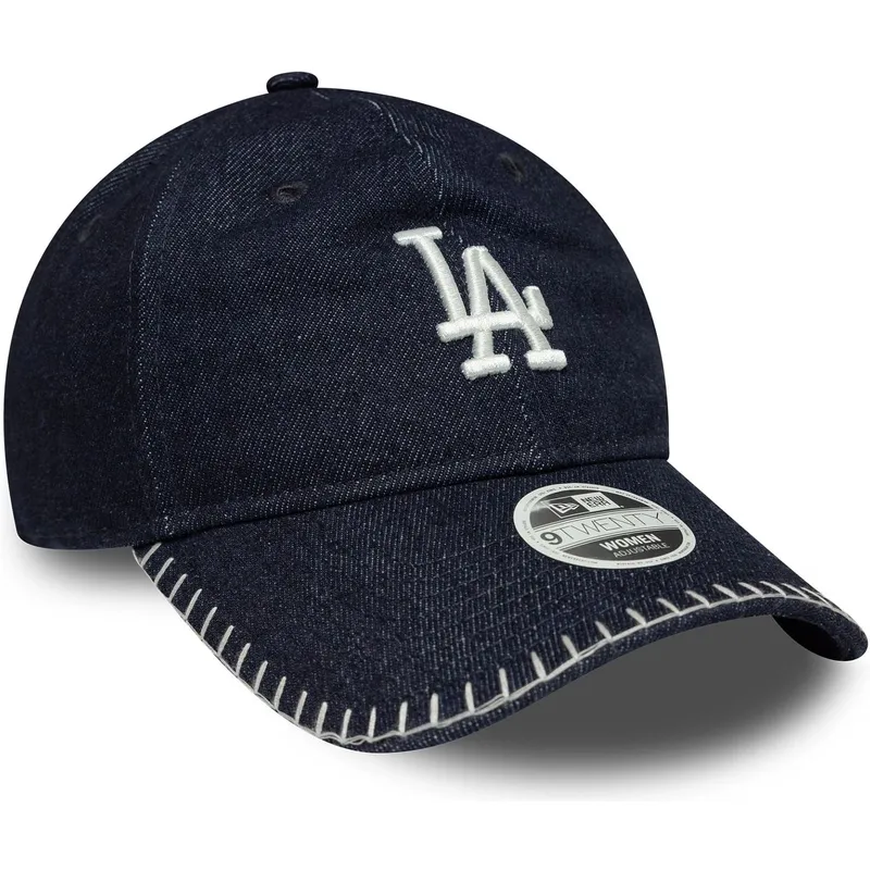 marinebla-justerbar-buet-kasket-til-kvinder-9twenty-denim-stitch-fra-los-angeles-dodgers-mlb-fra-new-era