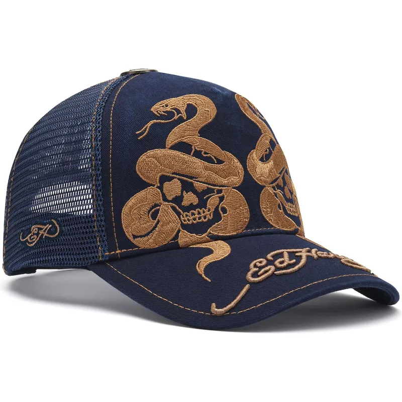 trucker-kasket-marinebla-skull-and-snakes-graphic-fra-ed-hardy
