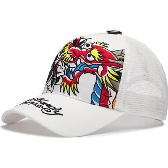 Hvid trucker-kasket 1971 Dragon And Roses fra Ed Hardy