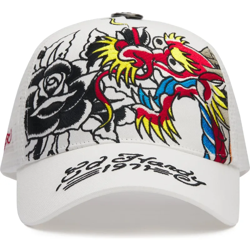 hvid-trucker-kasket-1971-dragon-and-roses-fra-ed-hardy