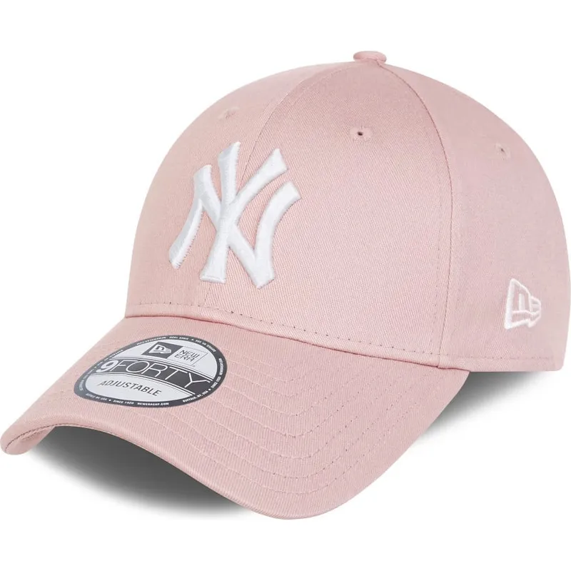 lyserod-justerbar-buet-kasket-med-lyserodt-logo-9forty-league-essential-fra-new-york-yankees-mlb-fra-new-era