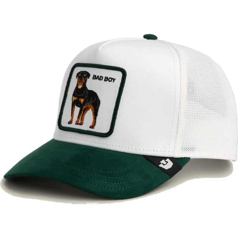 trucker-kasket-hvid-og-gron-hund-rottweiler-microsuede-bad-boy-the-farm-fra-goorin-bros