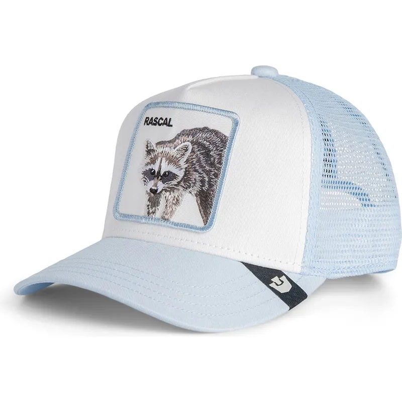 lysebla-trucker-kasket-til-dreng-vaskebjorn-rascal-raccoon-mini-the-farm-fra-goorin-bros