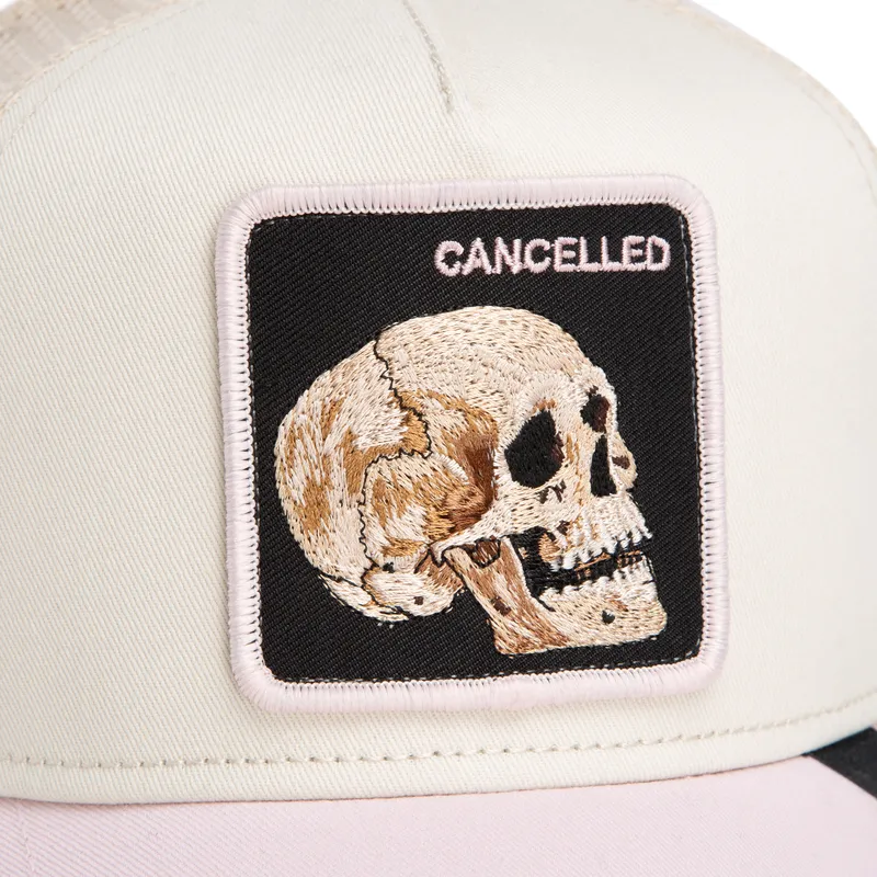 trucker-kasket-beige-og-lyserod-kranium-the-cancelled-skull-whisper-the-farm-fra-goorin-bros