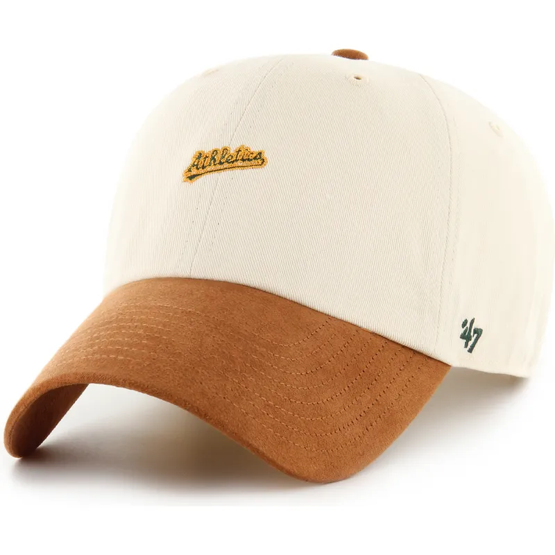 buet-beige-og-brun-justerbar-kasket-clean-up-mini-script-suede-visor-fra-oakland-athletics-mlb-fra-47-brand