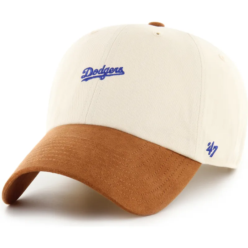 buet-beige-og-brun-justerbar-kasket-clean-up-mini-script-suede-visor-fra-los-angeles-dodgers-mlb-fra-47-brand