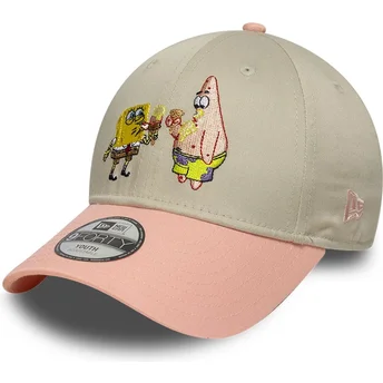 Beige og lyserød buet kasket snapback til dreng 9FORTY med Svampebob og Patrick Stjerne fra New Era