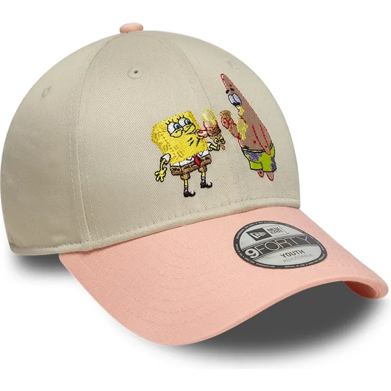 beige-og-lyserod-buet-kasket-snapback-til-dreng-9forty-med-svampebob-og-patrick-stjerne-fra-new-era