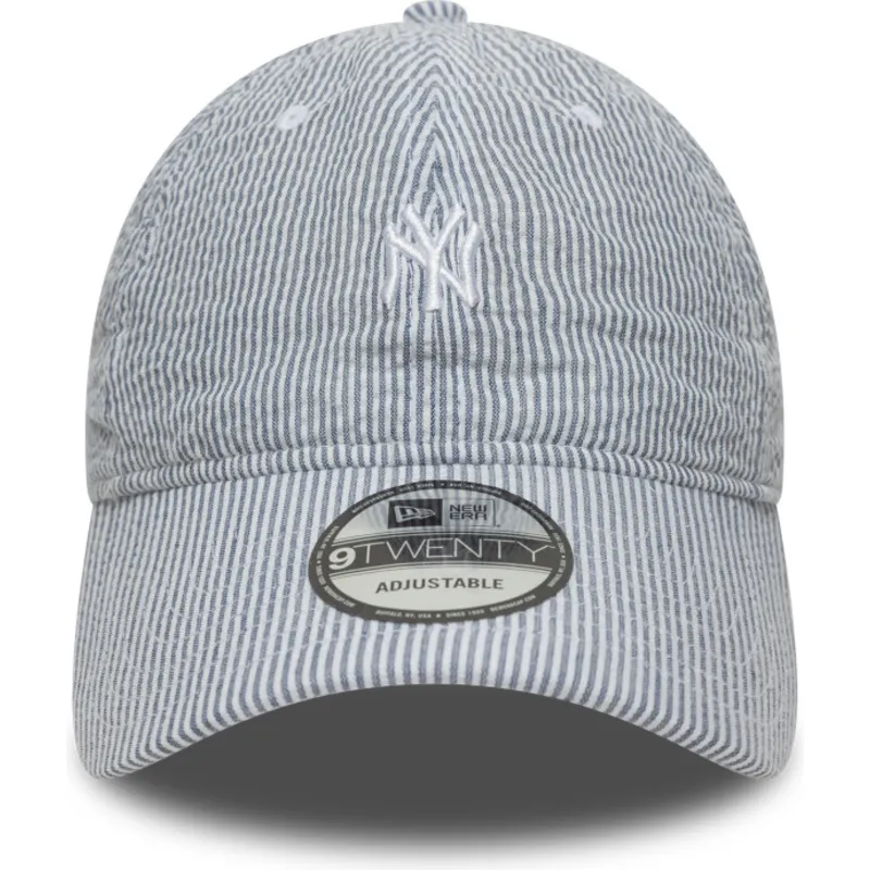 justerbar-marinebla-kurvet-kasket-9twenty-seersucker-fra-new-york-yankees-mlb-fra-new-era