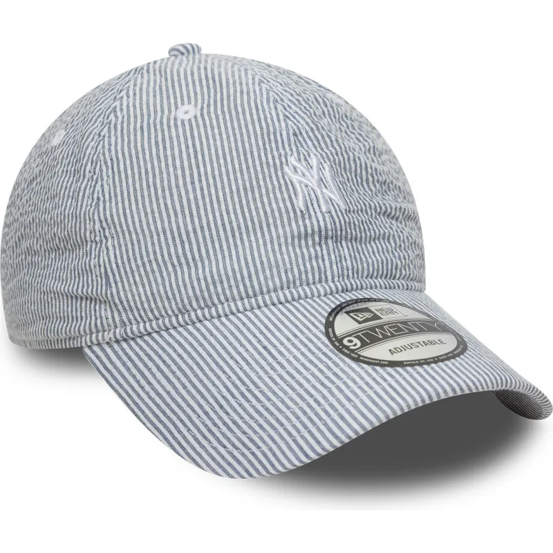 justerbar-marinebla-kurvet-kasket-9twenty-seersucker-fra-new-york-yankees-mlb-fra-new-era