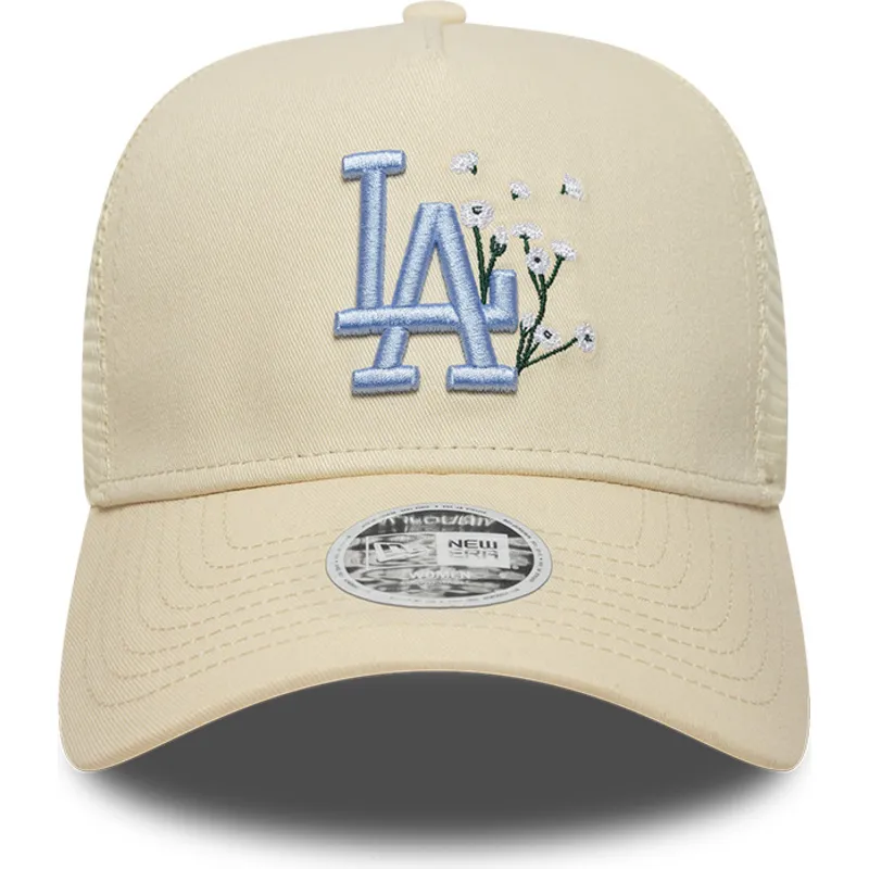 beige-trucker-kasket-med-blat-logo-til-kvinder-9forty-a-frame-floral-fra-los-angeles-dodgers-mlb-fra-new-era