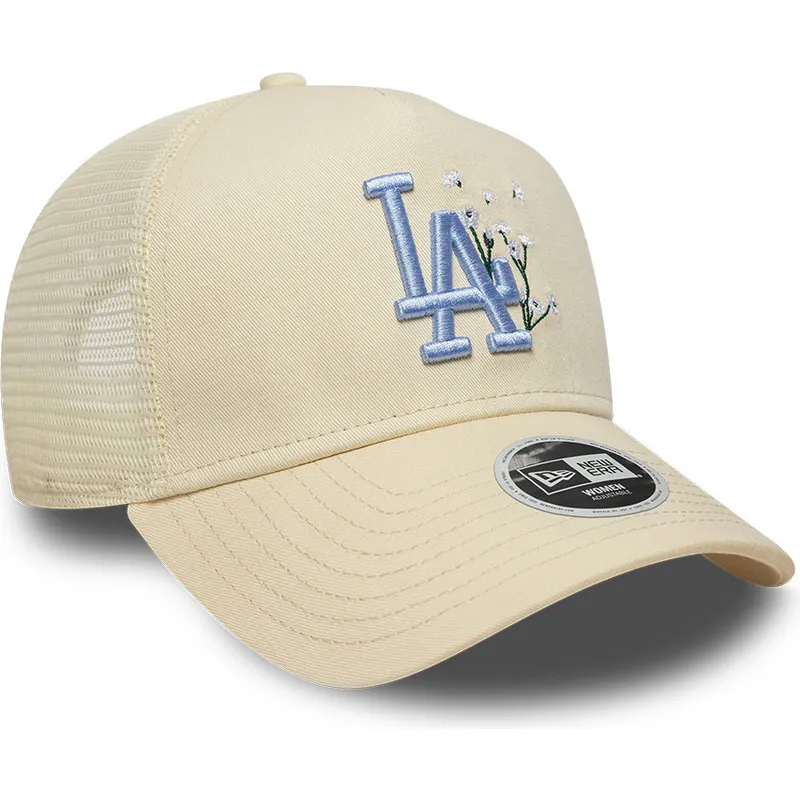 beige-trucker-kasket-med-blat-logo-til-kvinder-9forty-a-frame-floral-fra-los-angeles-dodgers-mlb-fra-new-era