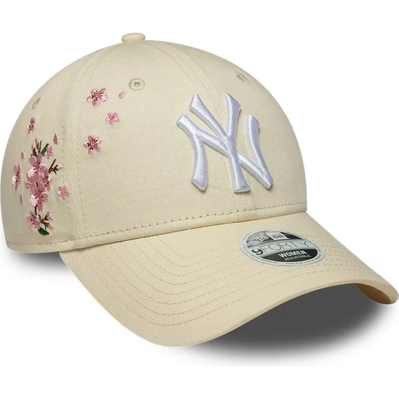 buet-beige-justerbar-kasket-til-kvinder-9forty-floral-icon-side-fra-new-york-yankees-mlb-fra-new-era