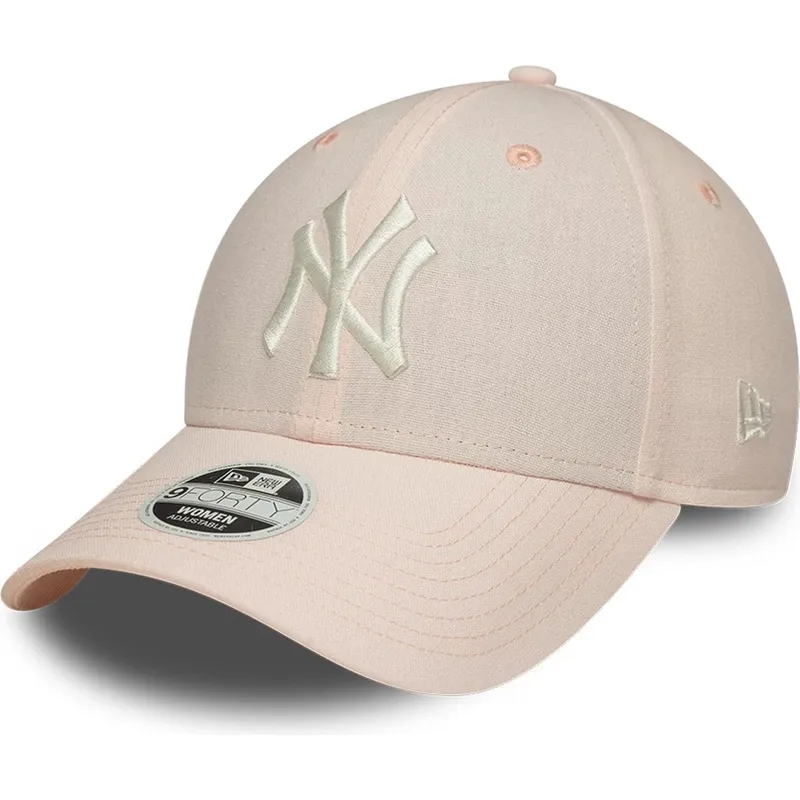 lyserod-justerbar-buet-kasket-til-kvinder-9forty-linen-fra-new-york-yankees-mlb-fra-new-era